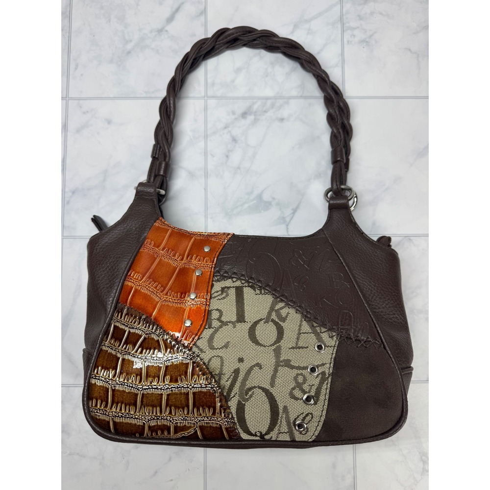 Brown Patchwork Shoulder Bag Croc Embossed Studded Braided Handle Hobo